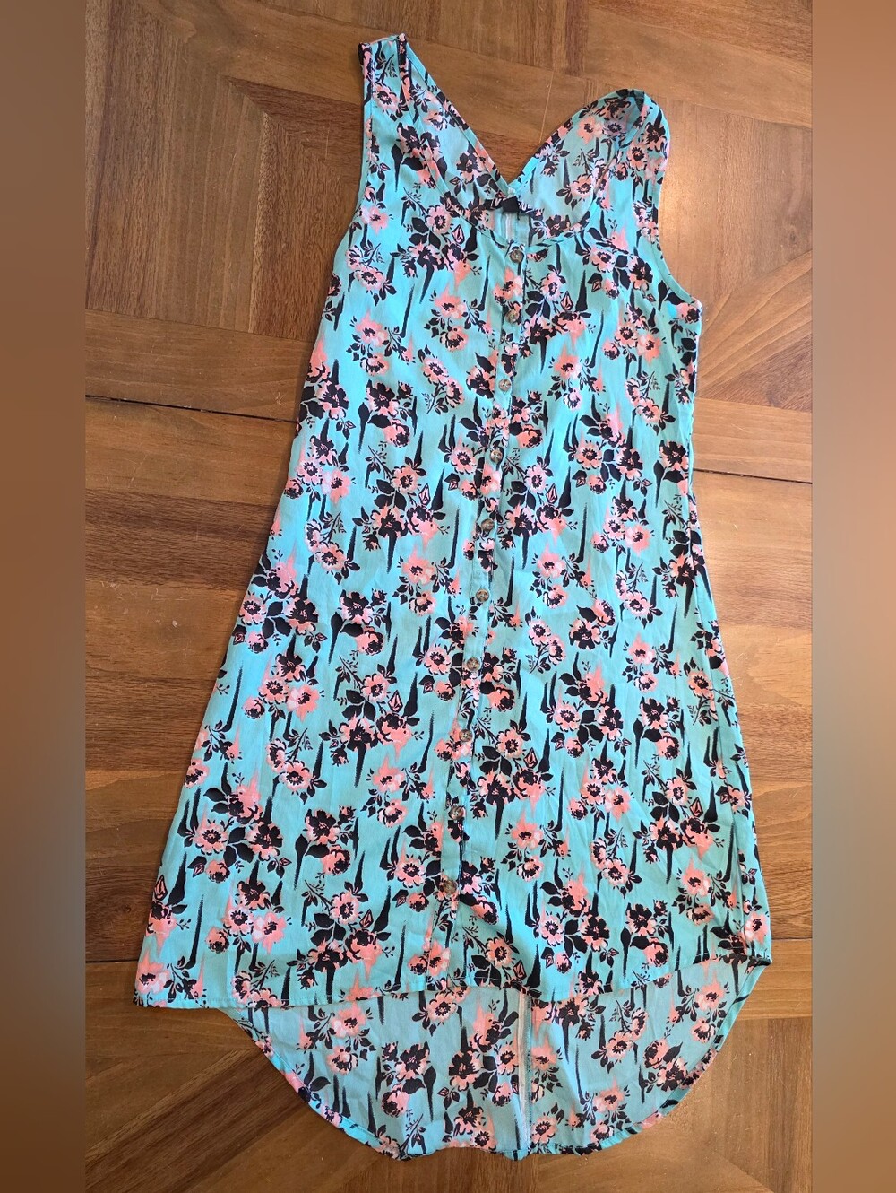 Volcom Floral high-low Dress Sz Small Turquoise / Aqua Shade Button Up